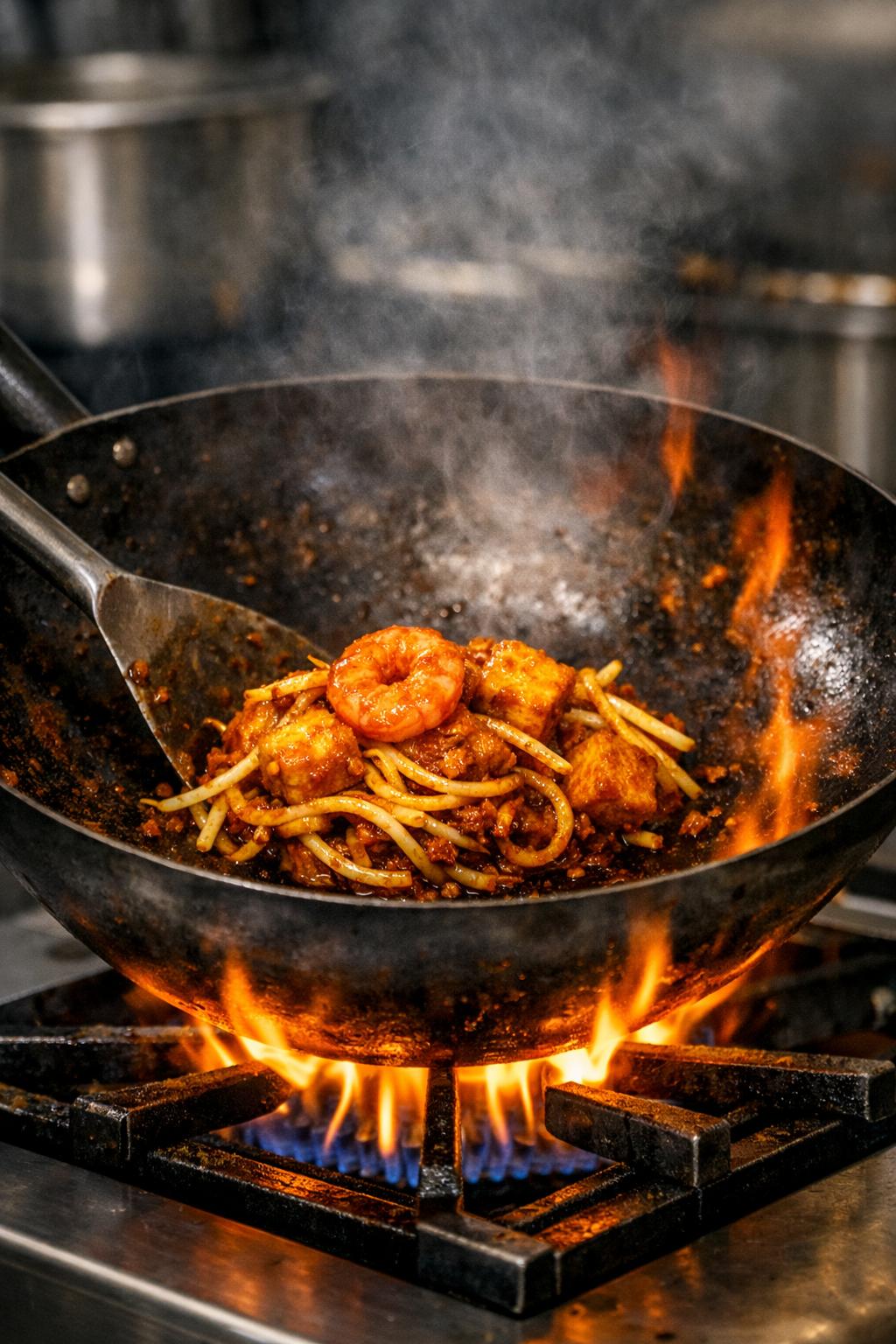 Wok cooking over flame